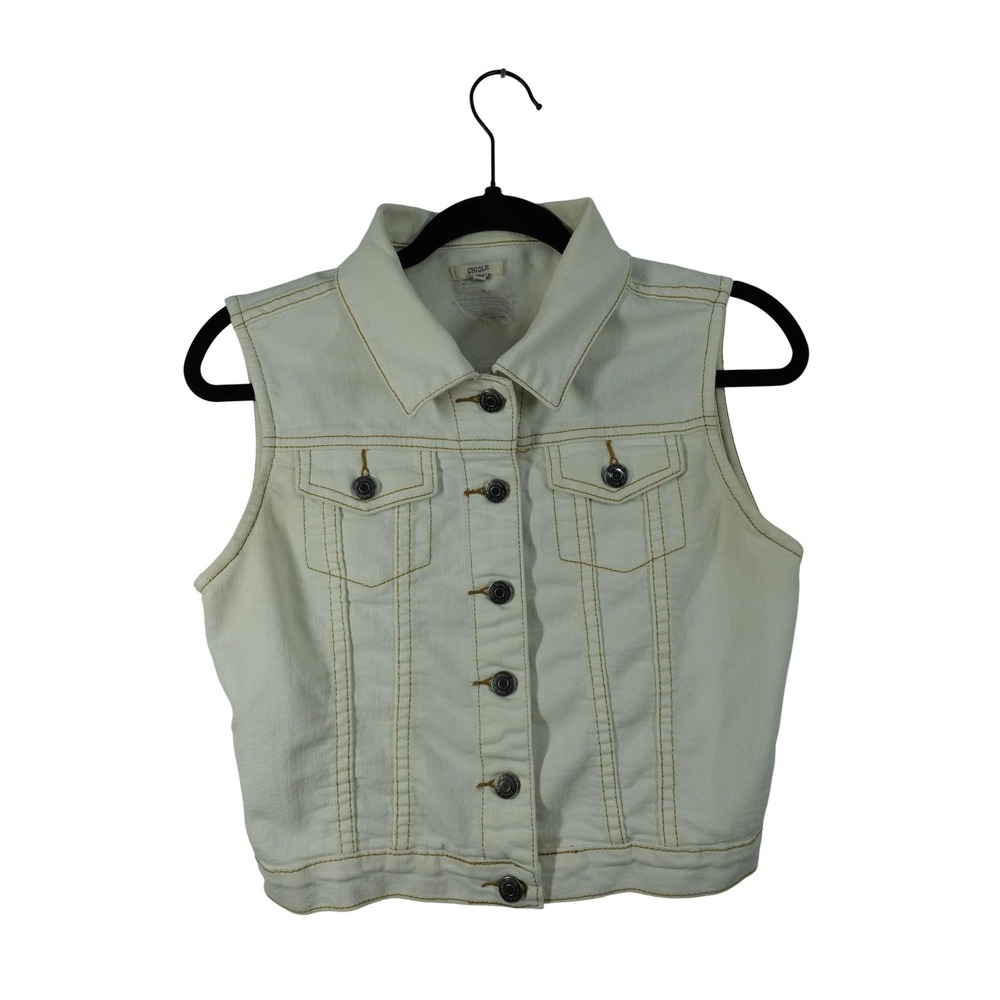 CHIQLE Vest Womens Small White Denim Button Front Stretch Pockets Collared
